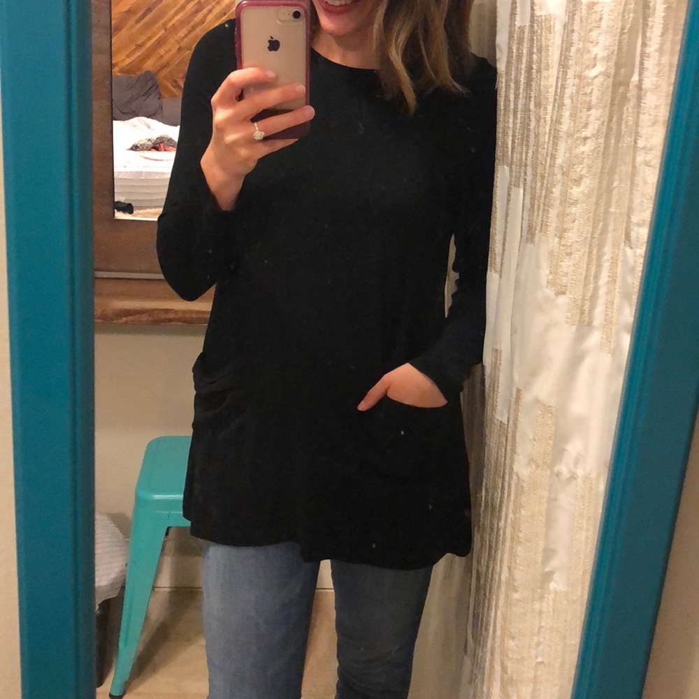 Black Logo Tuxedo blouse with pockets.